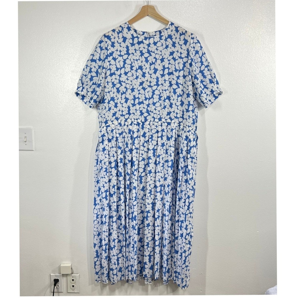 Talbots Vintage 90s Dress Size 18 Blue White Floral Pleated Maxi Short Sleeve